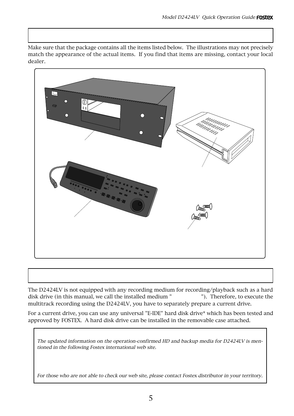 Package contents, Recording media | Fostex D2424LV User Manual | Page 5 / 28