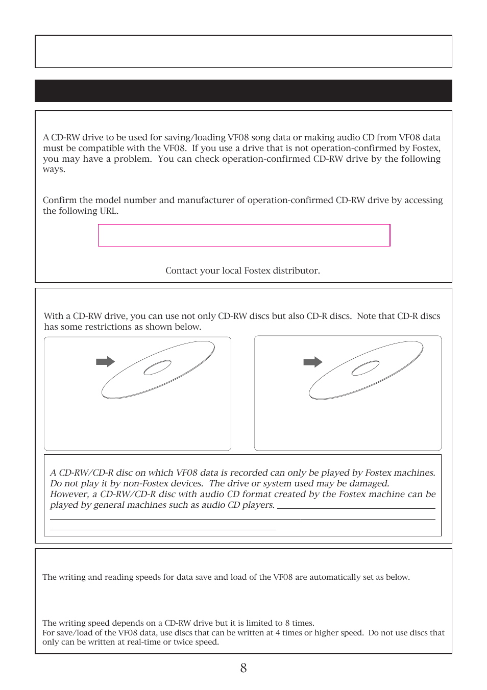 Save/load using cd-rw/cd-r, Please read this first, Check compatibility of cd-rw drive | Fostex VF08 User Manual | Page 8 / 20
