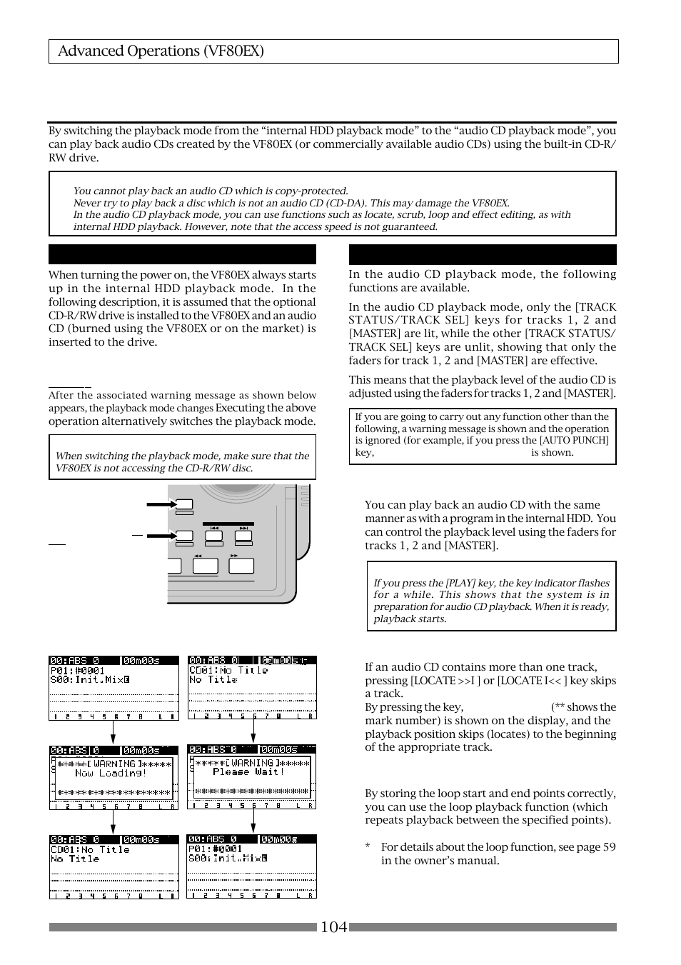Audio cd playback mode, Switching the playback mode, Available functions in the audio cd playback mode | Normal playback, Track skip, Loop function | Fostex VF80EX User Manual | Page 104 / 152