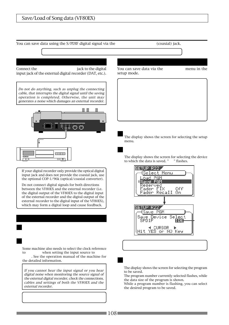Saving data using the s/pdif digital signal, Connecting to an external digital recorder, Setting the external recorder | Saving data | Fostex VF80EX User Manual | Page 108 / 152