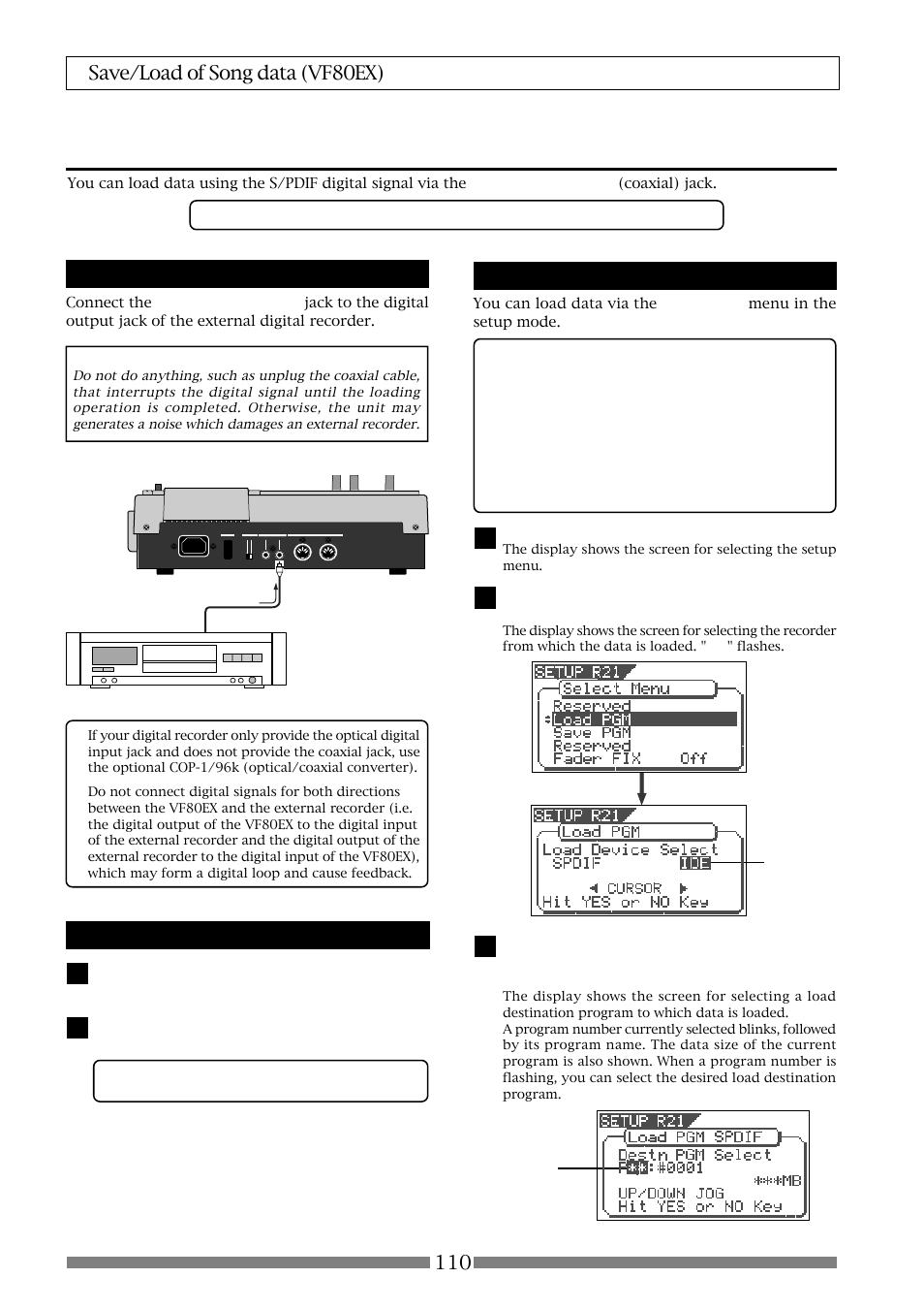 Loading data using the s/pdif digital signal, Connecting to an external recorder, Setting the external recorder | Loading data | Fostex VF80EX User Manual | Page 110 / 152