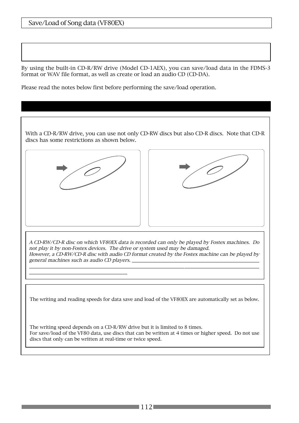 Save/load using cd-rw/cd-r, Care and handling of cd-rw/cd-r discs, Please read this first | Fostex VF80EX User Manual | Page 112 / 152