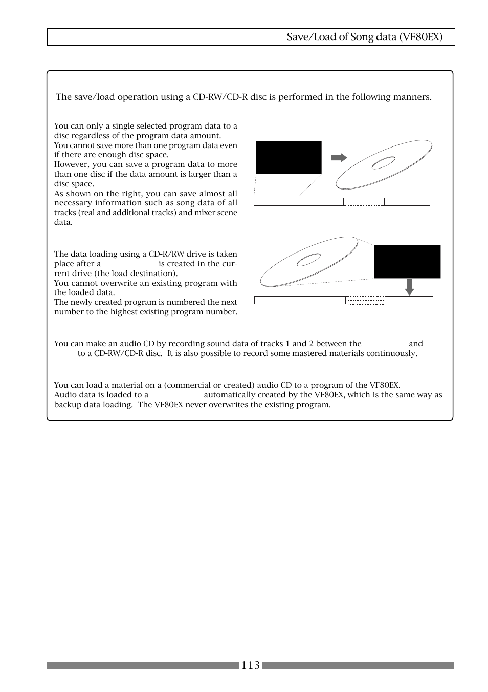 Save/load of song data using a cd-r/rw drive, Save, Load | Creating an audio cd, Loading an audio cd data | Fostex VF80EX User Manual | Page 113 / 152
