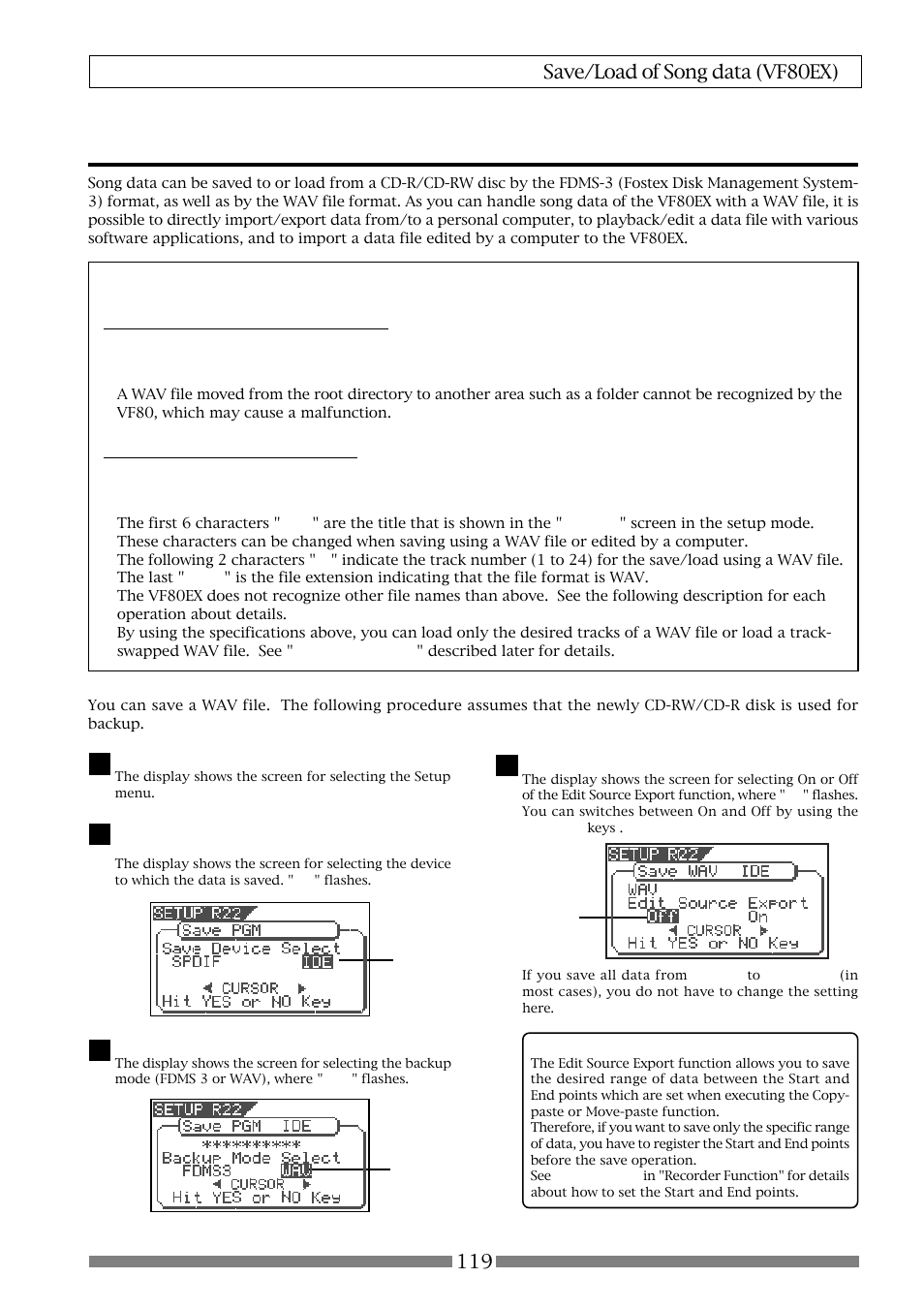 Saving a wav file, About directory of a backup disk, About file names of wav files | Fostex VF80EX User Manual | Page 119 / 152