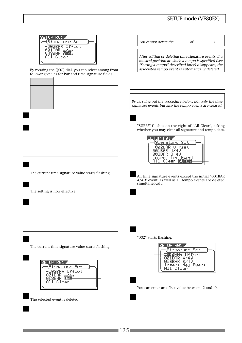 Editing a time signature event, Clearing all time signature/tempo events, Editing the bar offset | Deleting a time signature event | Fostex VF80EX User Manual | Page 135 / 152