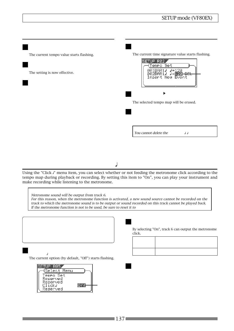 Setting the metronome function [“click, Editing a tempo event | Fostex VF80EX User Manual | Page 137 / 152