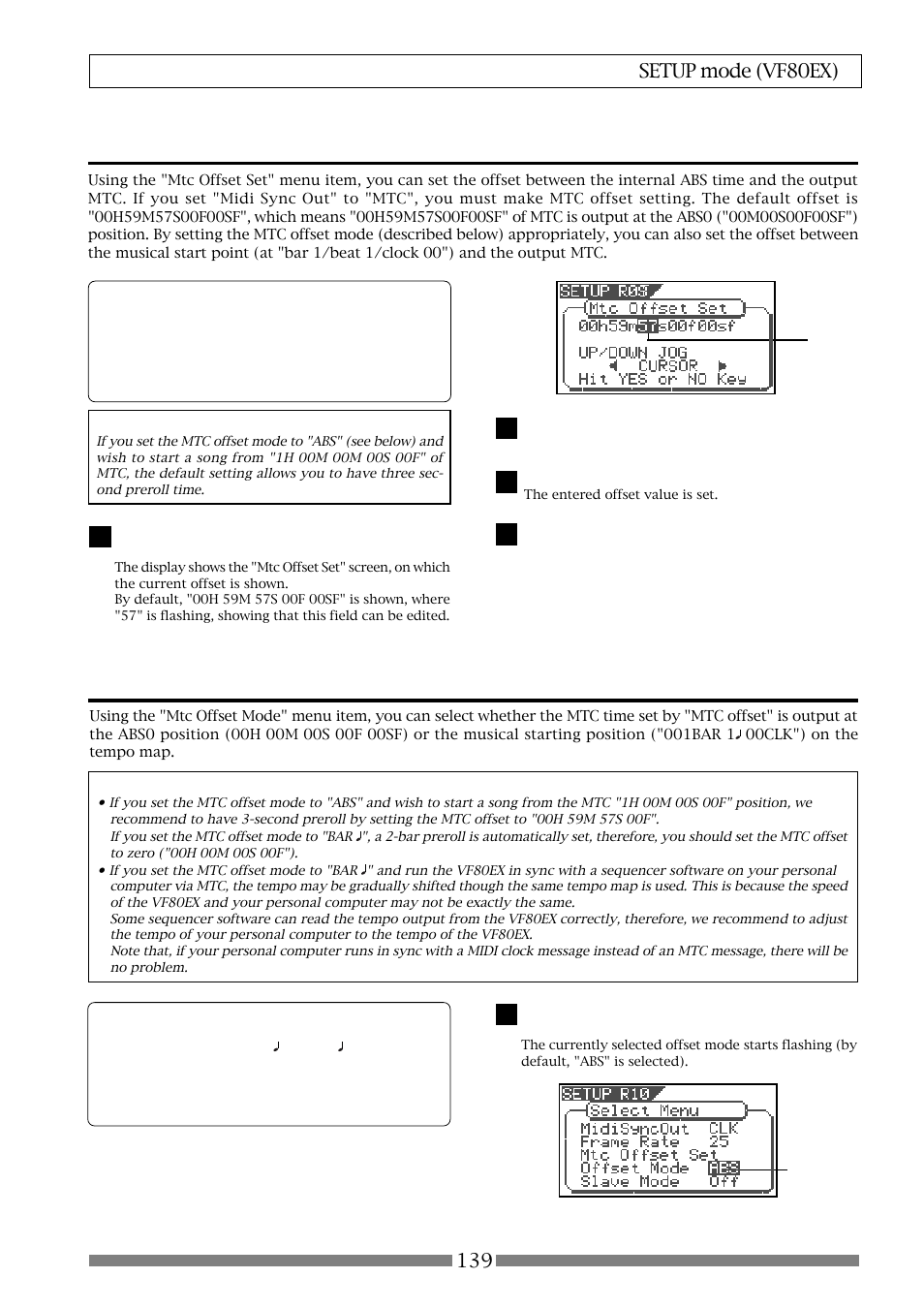 Setting an mtc offset mode [“offset mode, Setting an mtc offset value [“mtc offset set | Fostex VF80EX User Manual | Page 139 / 152