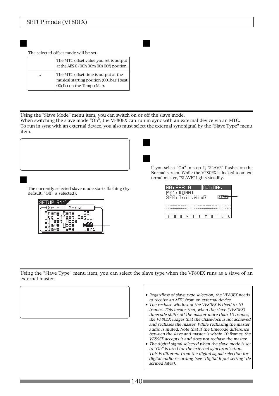 Setting the slave mode [“slave mode, Setting the slave type [“slave type | Fostex VF80EX User Manual | Page 140 / 152
