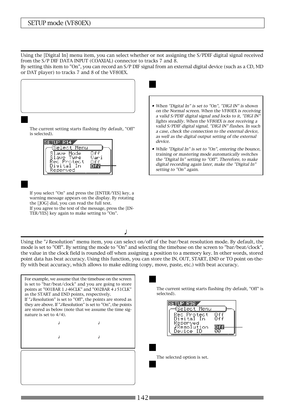Setting digital input [“digital in, Setting bar/beat resolution mode [“ resolution | Fostex VF80EX User Manual | Page 142 / 152