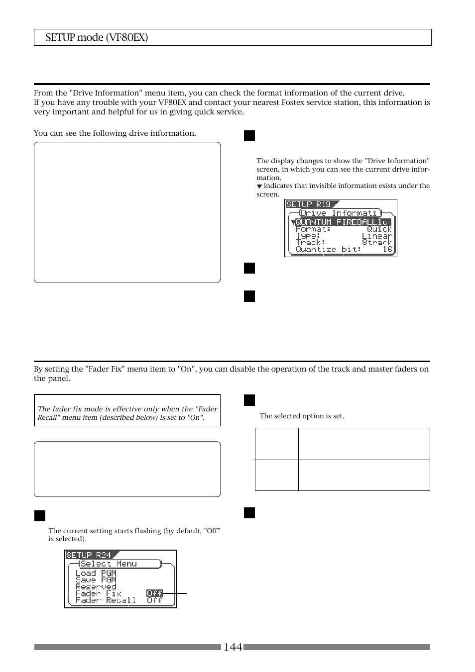 Fader fix mode setting [“fader fix, The drive format information [“drive information | Fostex VF80EX User Manual | Page 144 / 152
