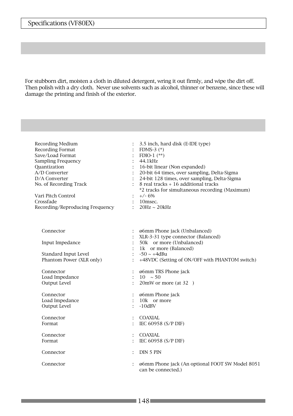 Maintenance specifications | Fostex VF80EX User Manual | Page 148 / 152