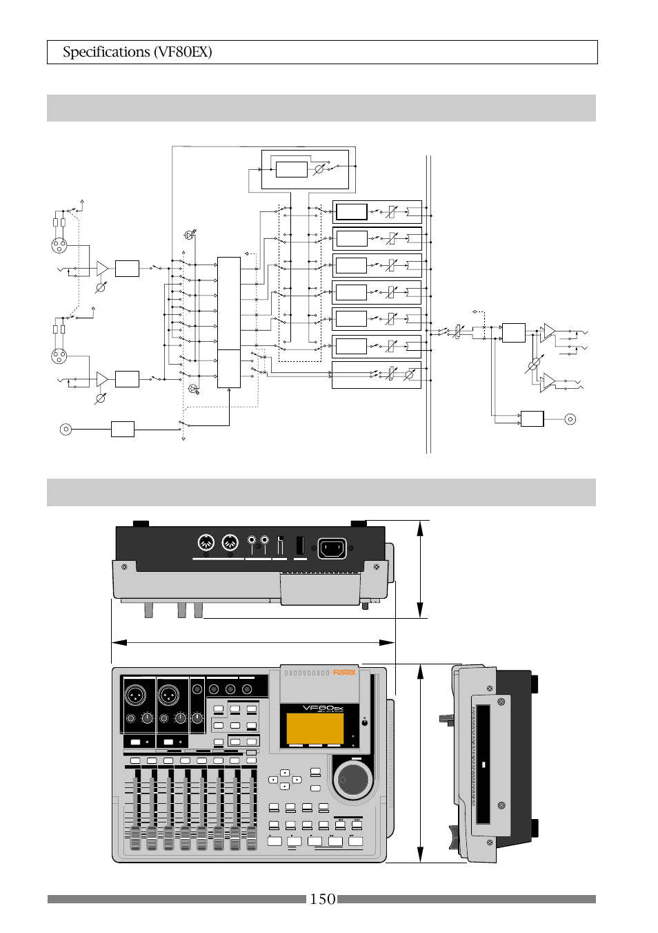 Dimensions, Block diagram (when using the insert effect), Ad/c | Da/c, Insert effect | Fostex VF80EX User Manual | Page 150 / 152