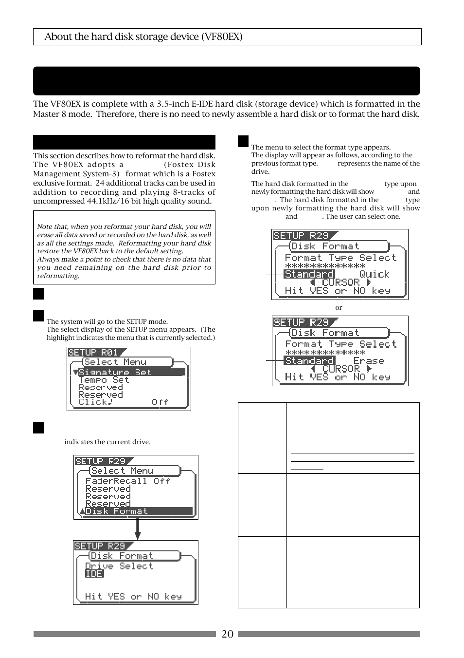About the hard disk storage device, 20 about the hard disk storage device (vf80ex), Reformatting the hard disk | Fostex VF80EX User Manual | Page 20 / 152