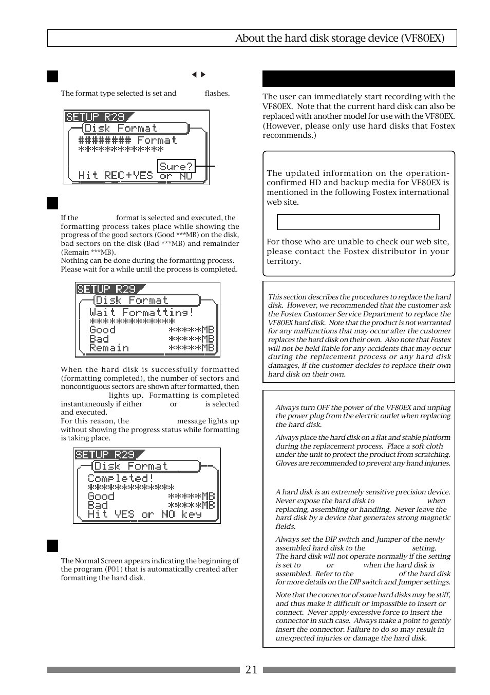 21 about the hard disk storage device (vf80ex), Replacing a hard disk | Fostex VF80EX User Manual | Page 21 / 152