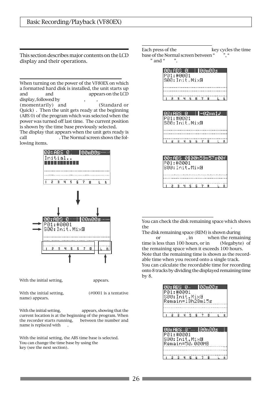 Display when turning on the power, Switching the time base, Disk remain” indication | 26 basic recording/playback (vf80ex) | Fostex VF80EX User Manual | Page 26 / 152