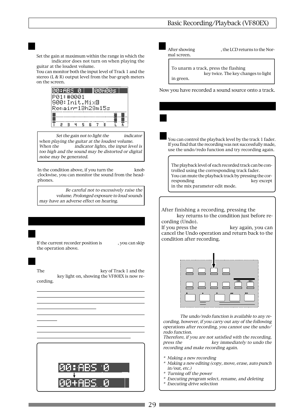 29 basic recording/playback (vf80ex), Recording, Playback | Undo/redo | Fostex VF80EX User Manual | Page 29 / 152