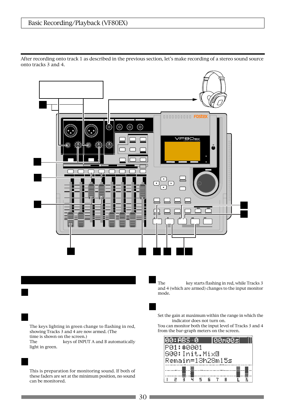 Basic recording (recording onto two tracks), 30 basic recording/playback (vf80ex), Stereo source | Preparation for recording, Press the [record] key | Fostex VF80EX User Manual | Page 30 / 152