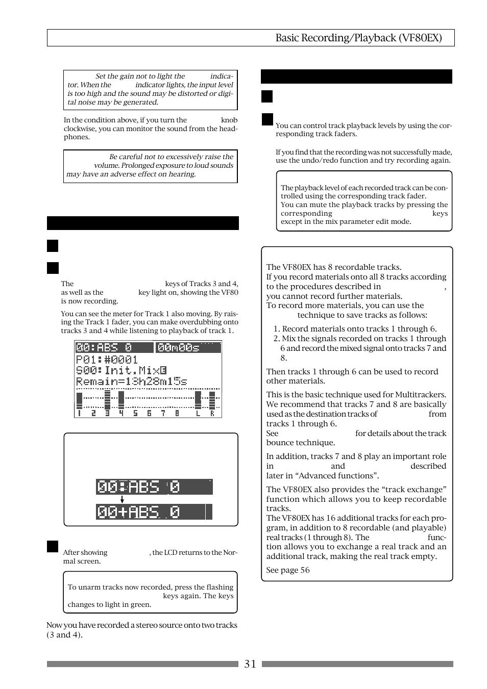 31 basic recording/playback (vf80ex), Recording, Playback | Fostex VF80EX User Manual | Page 31 / 152