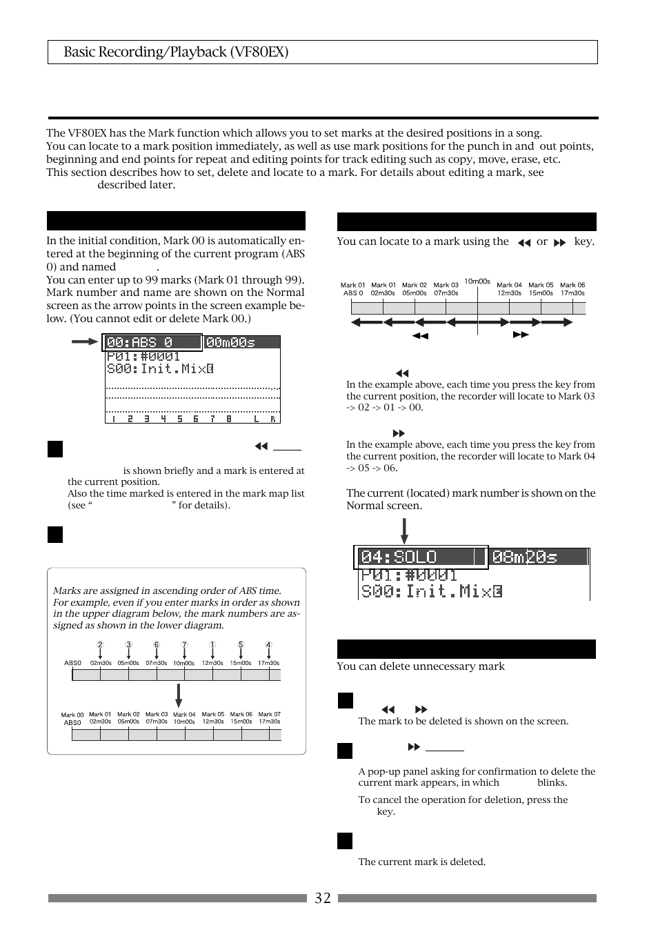 Mark function, 32 basic recording/playback (vf80ex), Setting a mark on the fly | Locating a mark, Deleting a mark | Fostex VF80EX User Manual | Page 32 / 152