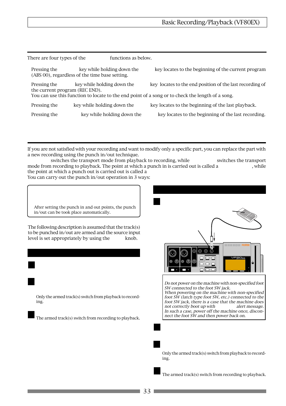 Abs locate functions, Punch in/out, 33 basic recording/playback (vf80ex) | Punch in/out using the foot switch, Manual punch in/out using the keys on the unit, At the punch out point, press the [play] key, At the punch out point, step on the foot switch | Fostex VF80EX User Manual | Page 33 / 152