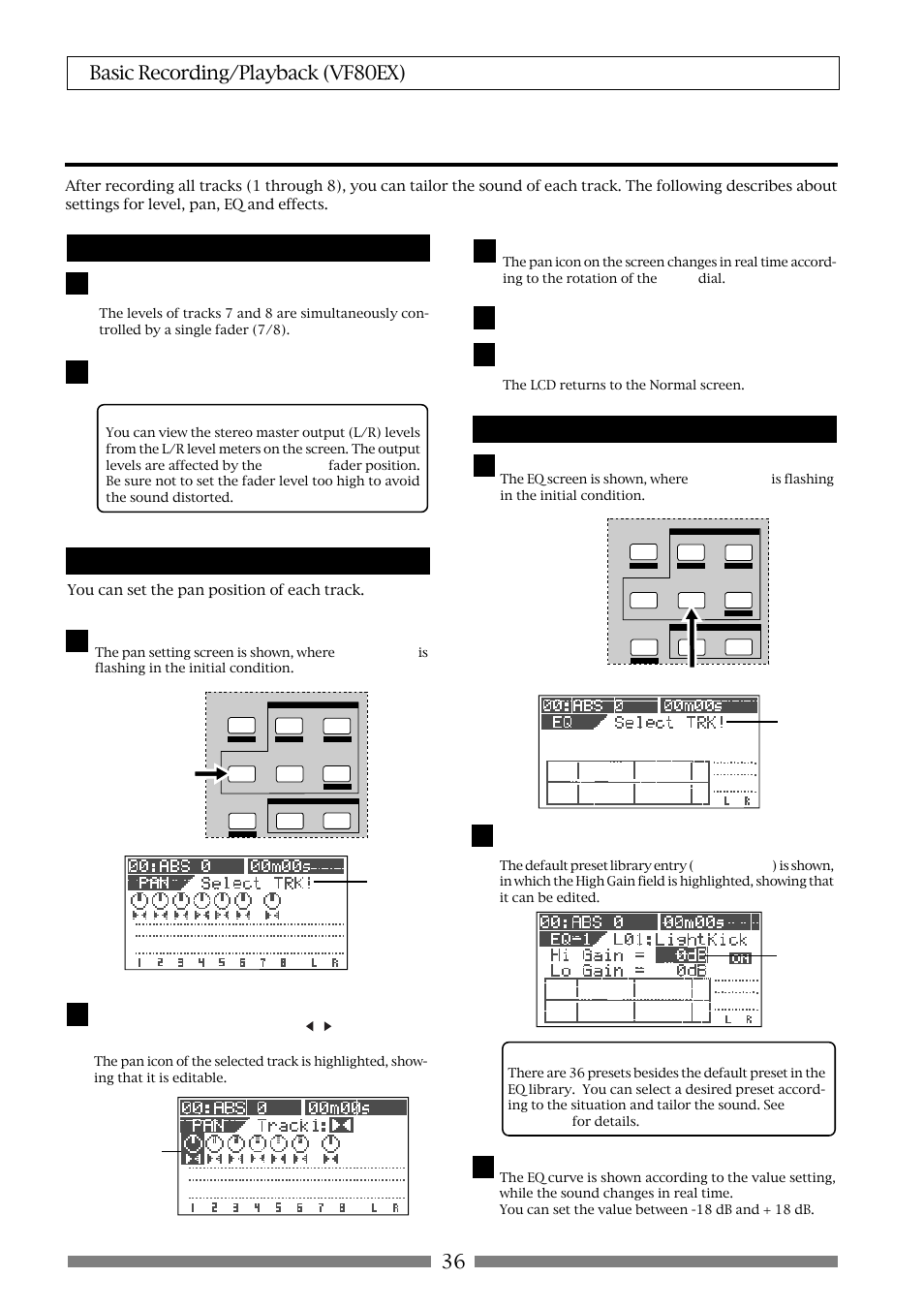 Mixing, 36 basic recording/playback (vf80ex), Adjusting levels | Setting pan position, Adjusting eq | Fostex VF80EX User Manual | Page 36 / 152