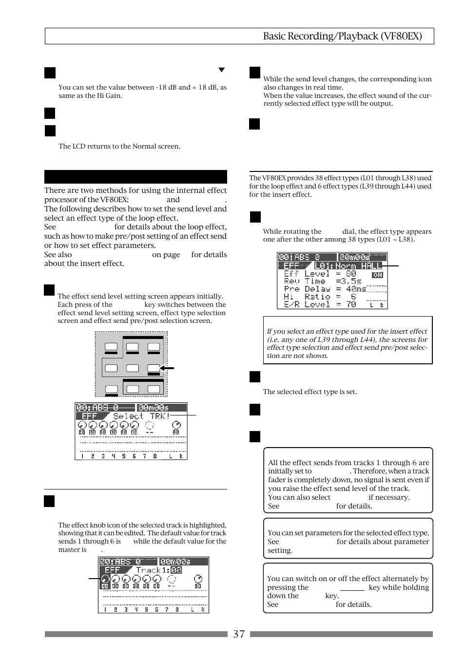 37 basic recording/playback (vf80ex), Setting effects, Effect send level setting | Effect type setting | Fostex VF80EX User Manual | Page 37 / 152