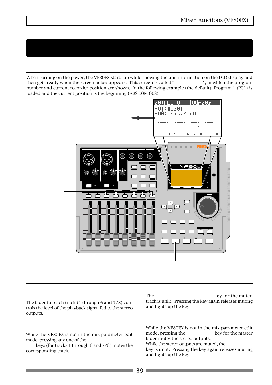 Mixer functions, Initial condition when turning on the power, Operations while the normal screen is shown | Fader, Track mute, Master fader mute, 39 mixer functions (vf80ex), Normal screen, Lighting in green lighting in orange | Fostex VF80EX User Manual | Page 39 / 152