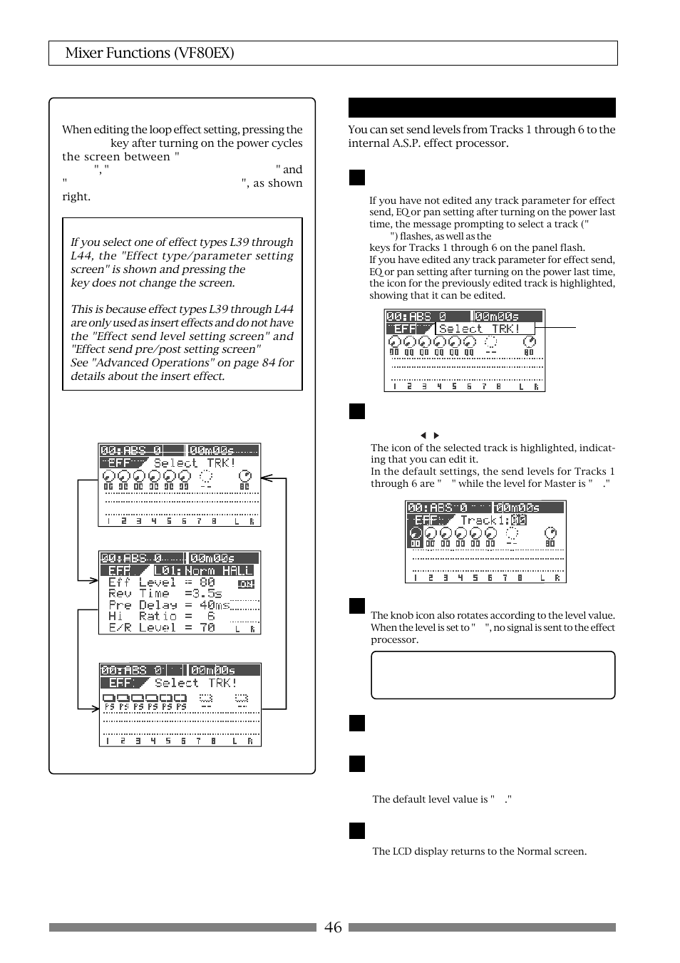 46 mixer functions (vf80ex), Setting effect send levels | Fostex VF80EX User Manual | Page 46 / 152