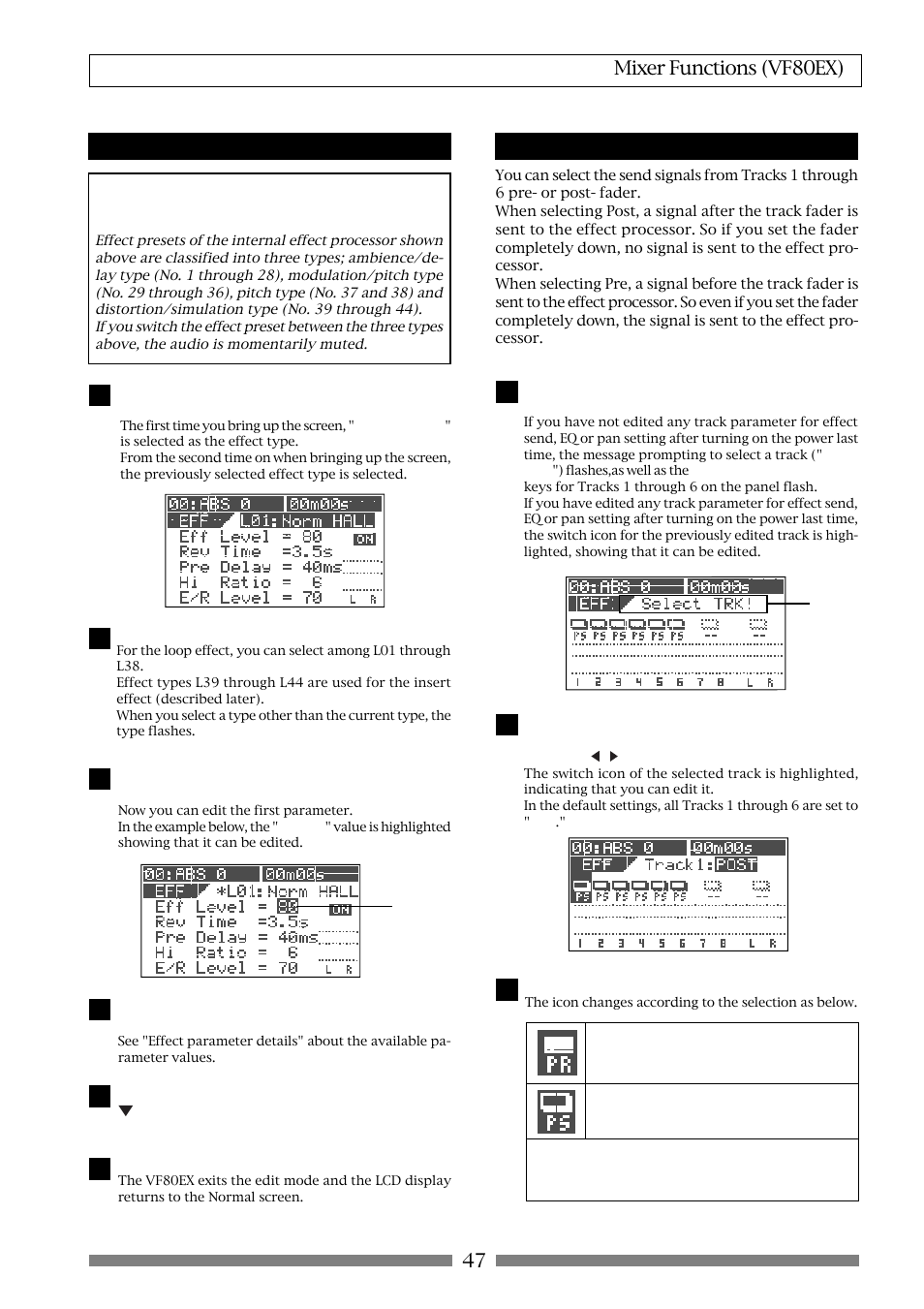 47 mixer functions (vf80ex), Selecting an effect type, Selecting pre/post of the effect send | Fostex VF80EX User Manual | Page 47 / 152