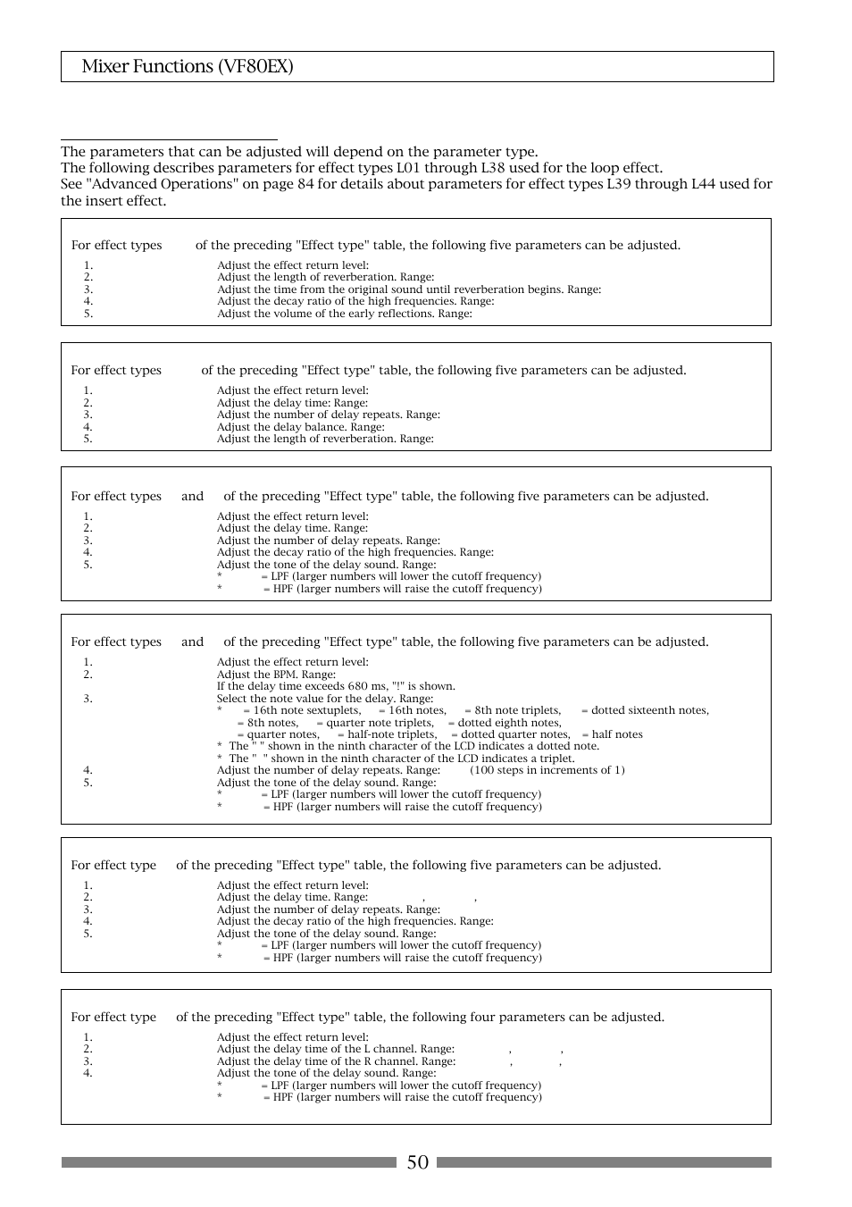 Effect parameter details, 50 mixer functions (vf80ex) | Fostex VF80EX User Manual | Page 50 / 152