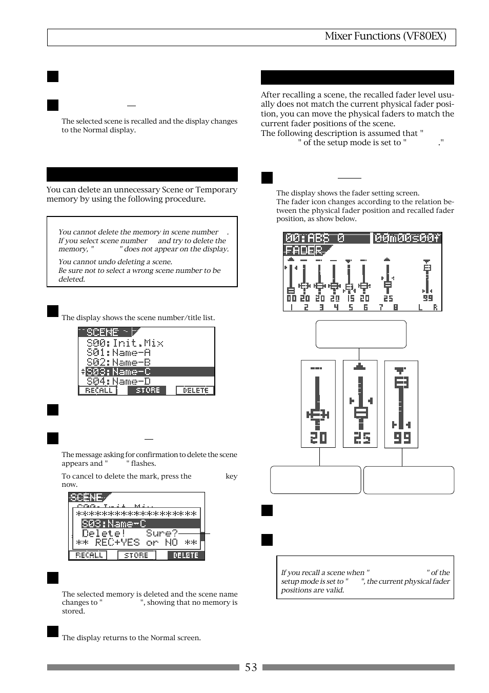53 mixer functions (vf80ex), Deleting a scene, Fader adjust | Fostex VF80EX User Manual | Page 53 / 152