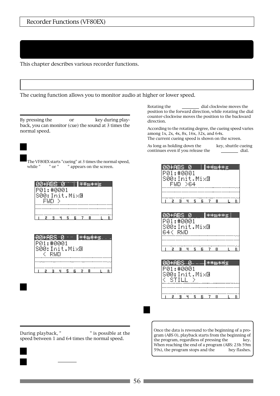 Recorder functions, Cueing, 56 recorder functions (vf80ex) | Cueing with the [f fwd]/[rewind] keys, Shuttle cueing | Fostex VF80EX User Manual | Page 56 / 152