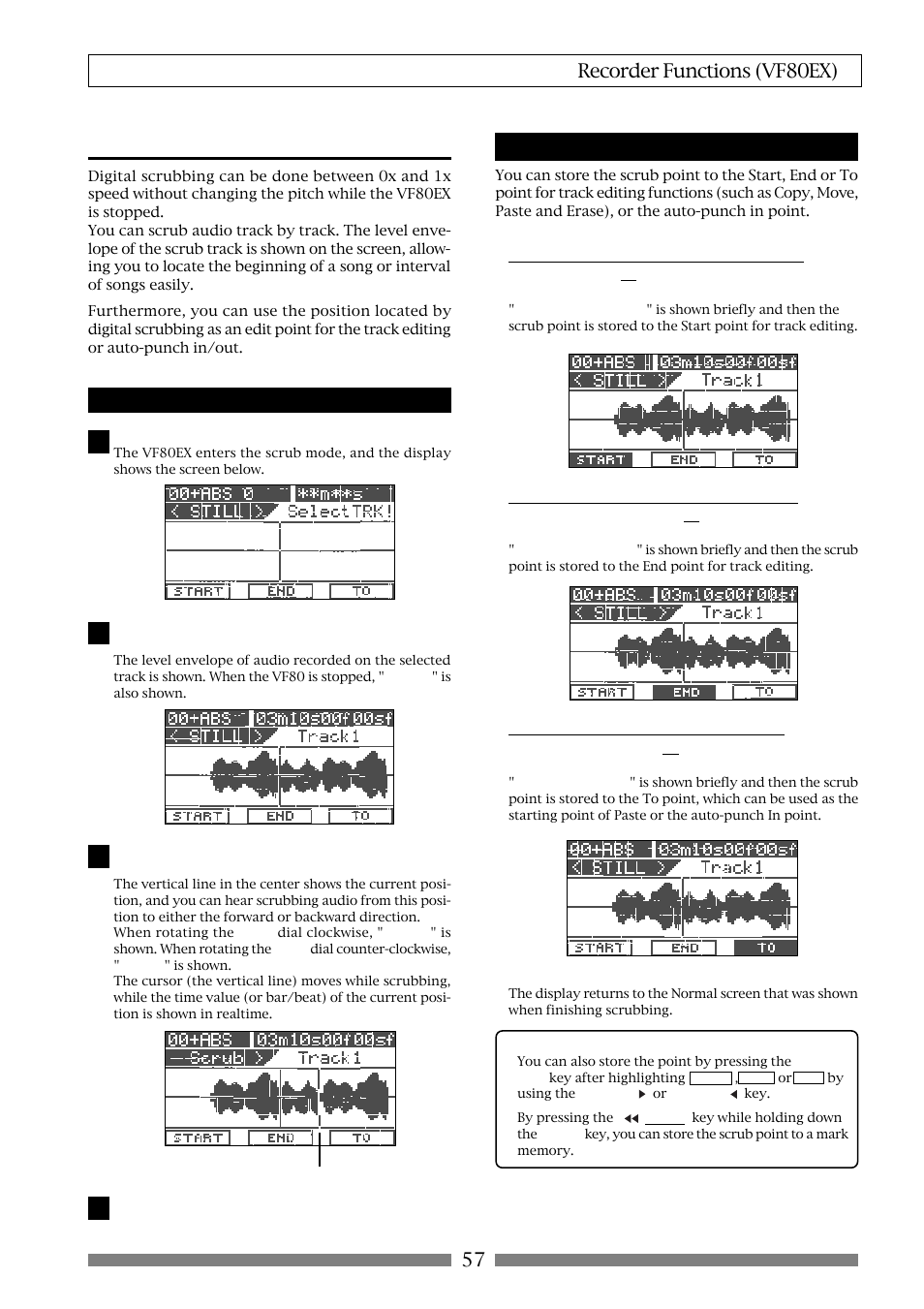 Digital scrubbing, 57 recorder functions (vf80ex), Performing digital scrubbing | Storing the digital scrub point | Fostex VF80EX User Manual | Page 57 / 152