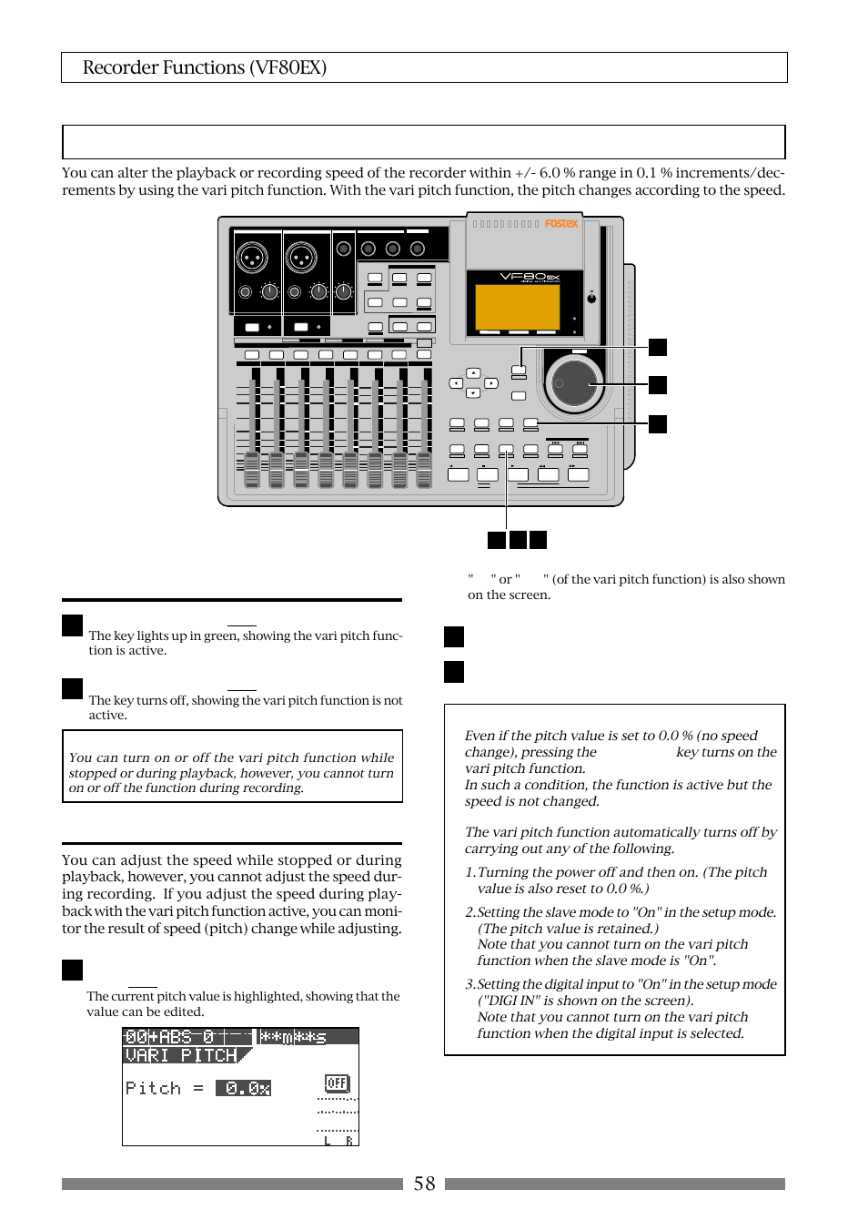 Vari pitch, 58 recorder functions (vf80ex), Turning on or off the vari pitch function | Setting the speed, Press the [vari pitch/edit] key, Press the [vari pitch/edit] key again | Fostex VF80EX User Manual | Page 58 / 152