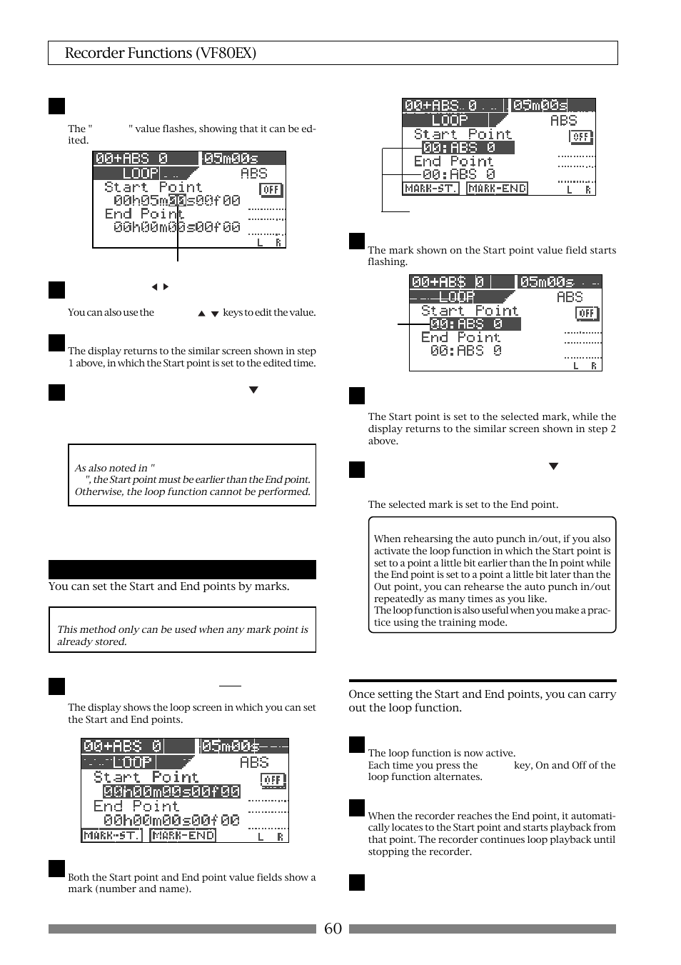Carrying out the loop playback, 60 recorder functions (vf80ex), Setting the start and end points by marks | Fostex VF80EX User Manual | Page 60 / 152