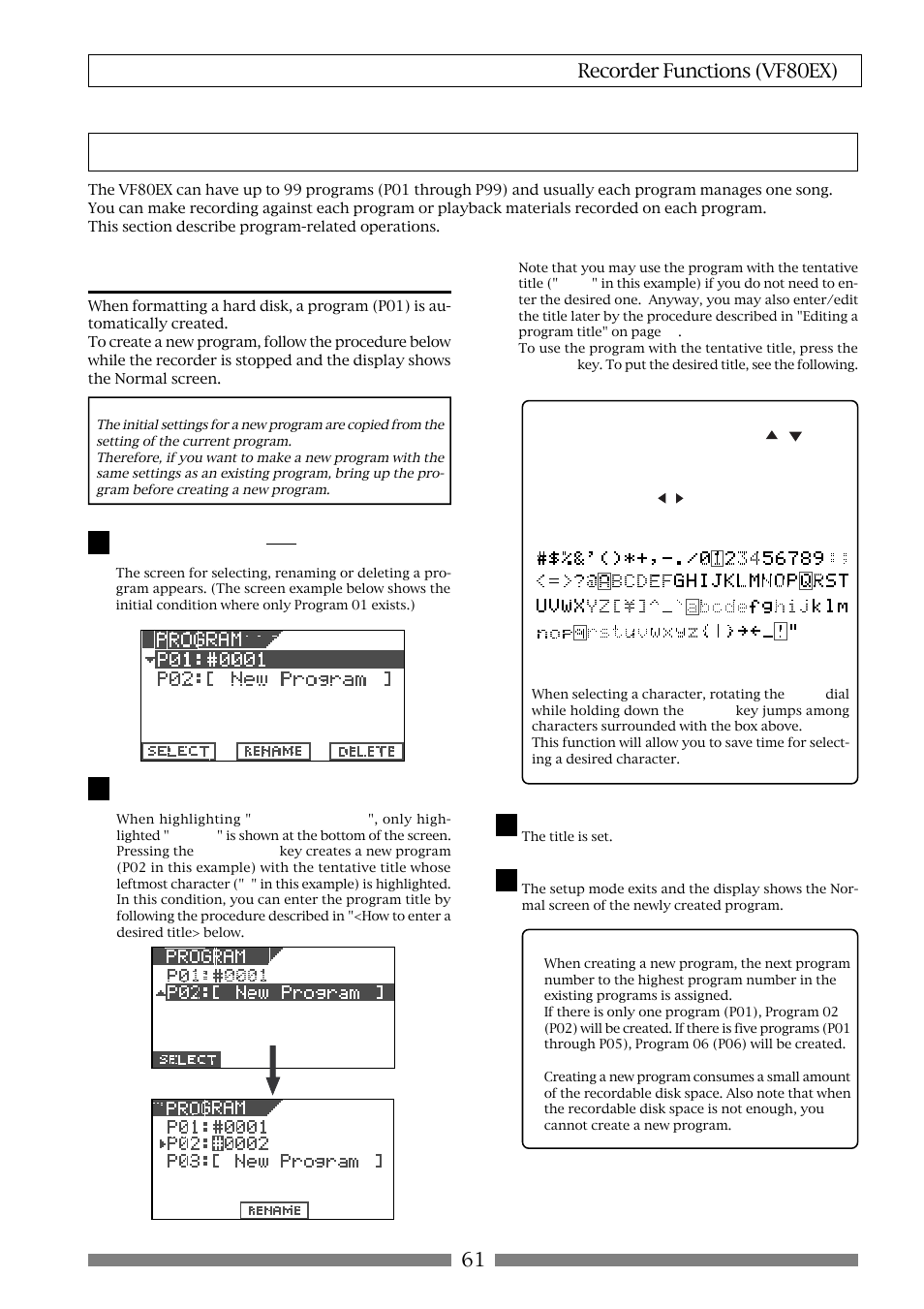 Program, Creating a new program, 61 recorder functions (vf80ex) | Fostex VF80EX User Manual | Page 61 / 152