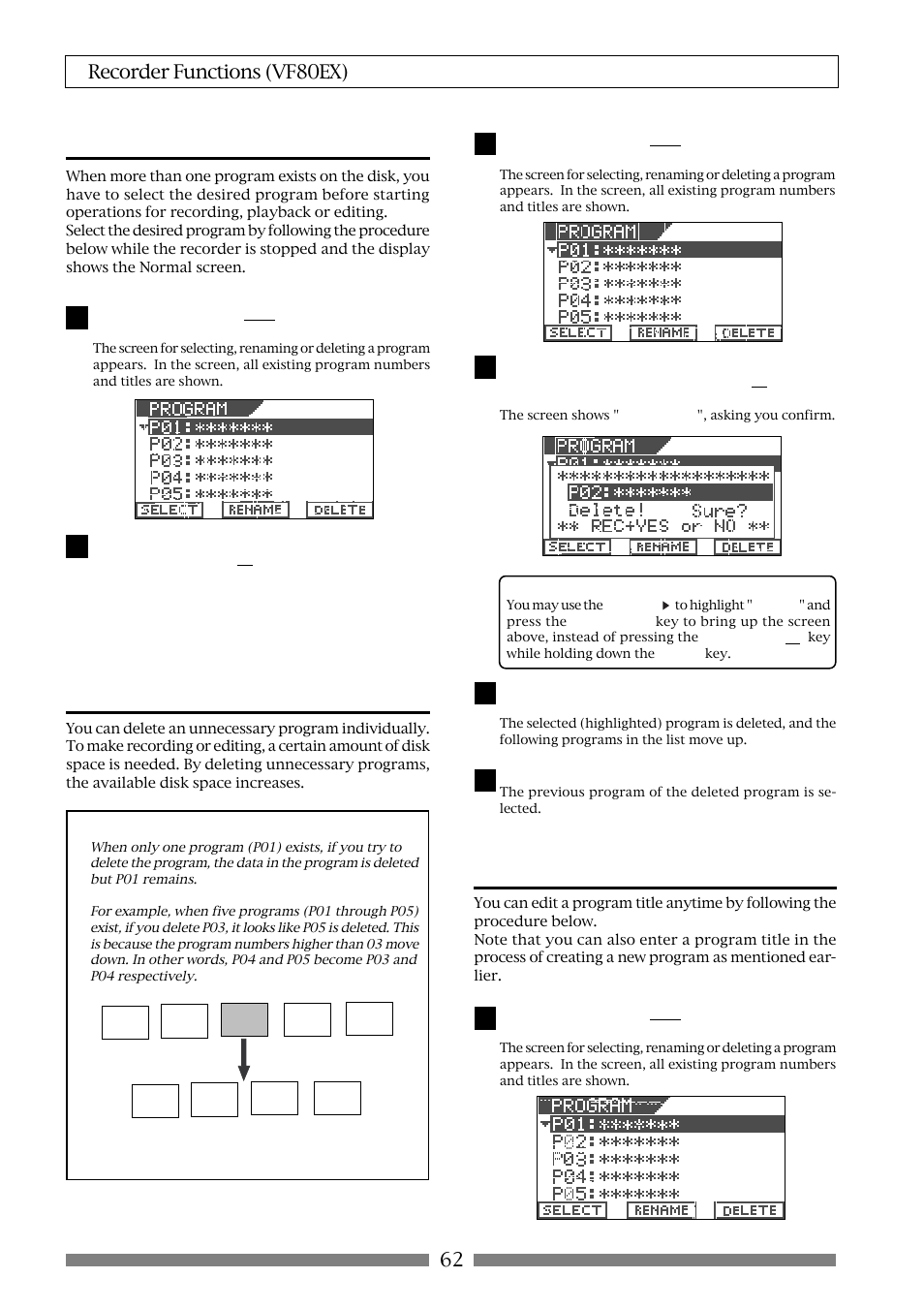 Selecting a program, Deleting a program, Editing a program title | 62 recorder functions (vf80ex) | Fostex VF80EX User Manual | Page 62 / 152