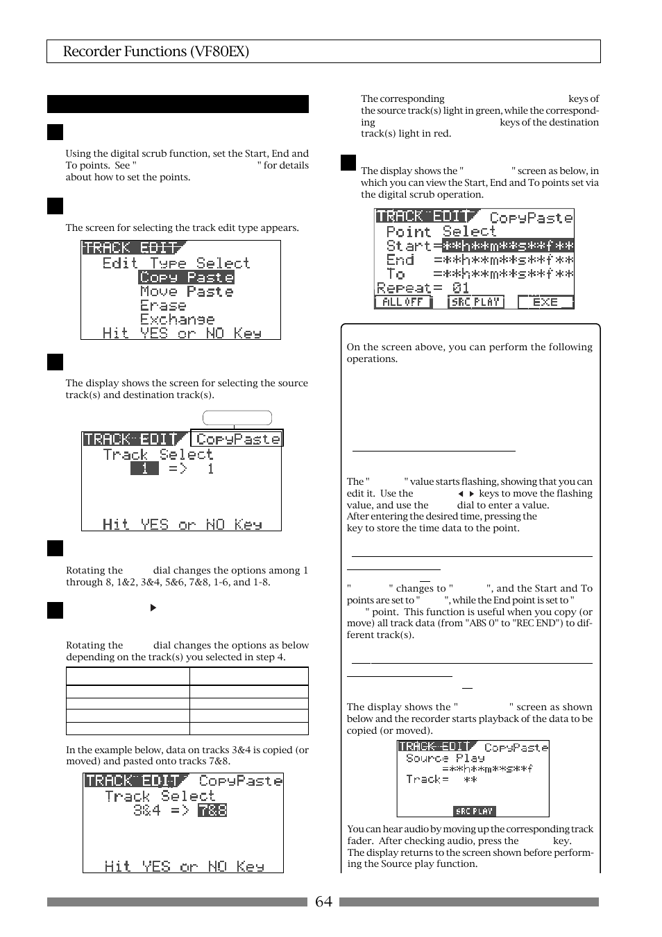 64 recorder functions (vf80ex), Performing copy (or move) & paste | Fostex VF80EX User Manual | Page 64 / 152