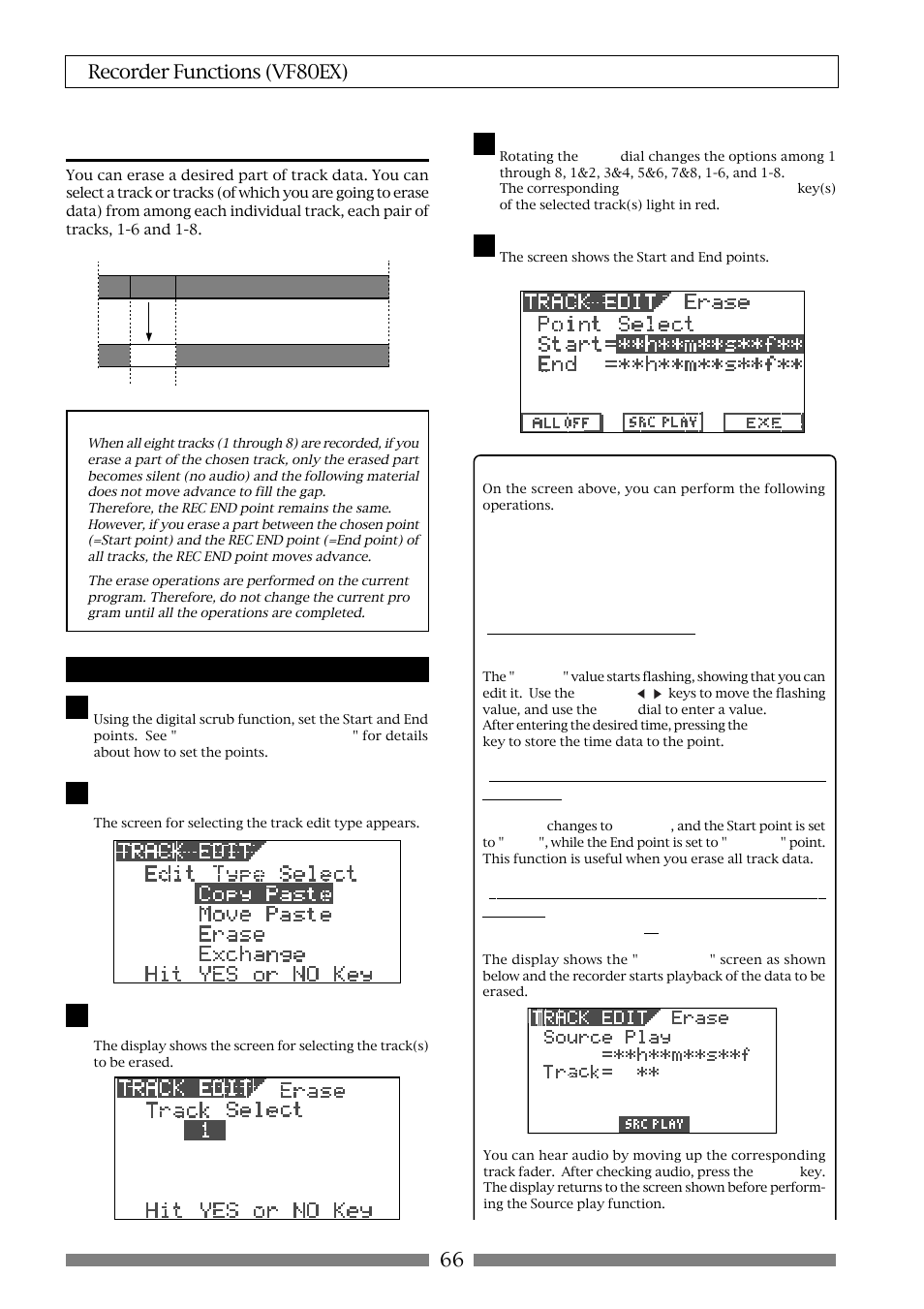 Erasing track data, 66 recorder functions (vf80ex), Erasing | Fostex VF80EX User Manual | Page 66 / 152