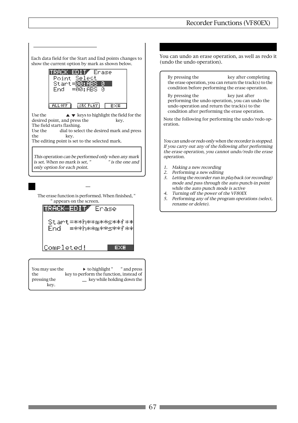67 recorder functions (vf80ex), Undo/redo of erase | Fostex VF80EX User Manual | Page 67 / 152