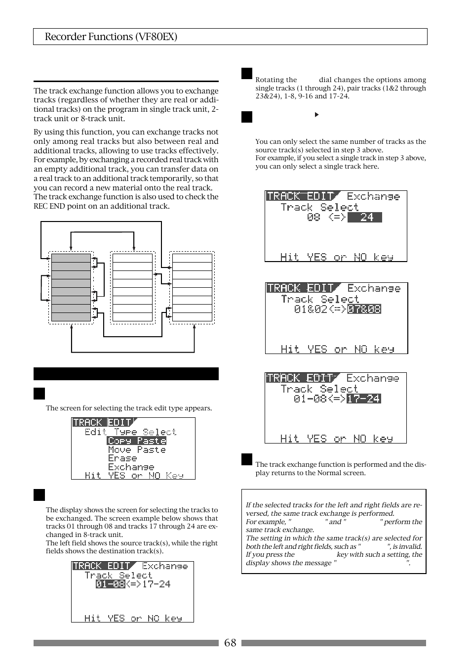 Track exchange, 68 recorder functions (vf80ex), Performing the track exchange | Fostex VF80EX User Manual | Page 68 / 152