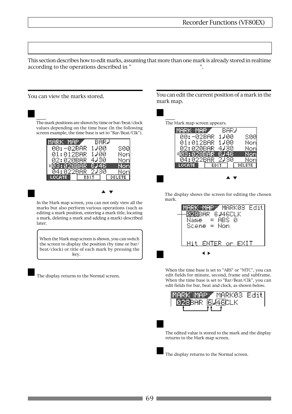 Editing marks, Viewing the mark list, Editing a mark position | 69 recorder functions (vf80ex) | Fostex VF80EX User Manual | Page 69 / 152