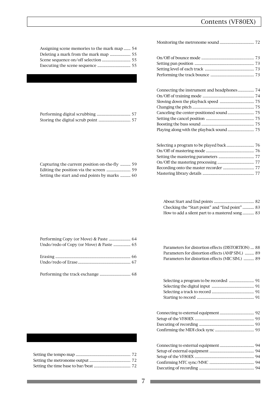 Contents (vf80ex) 7, Recorder functions, Advanced operations | Fostex VF80EX User Manual | Page 7 / 152