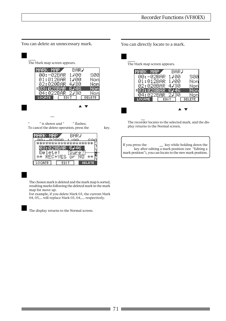 Deleting a mark, Locating a mark, 71 recorder functions (vf80ex) | Fostex VF80EX User Manual | Page 71 / 152