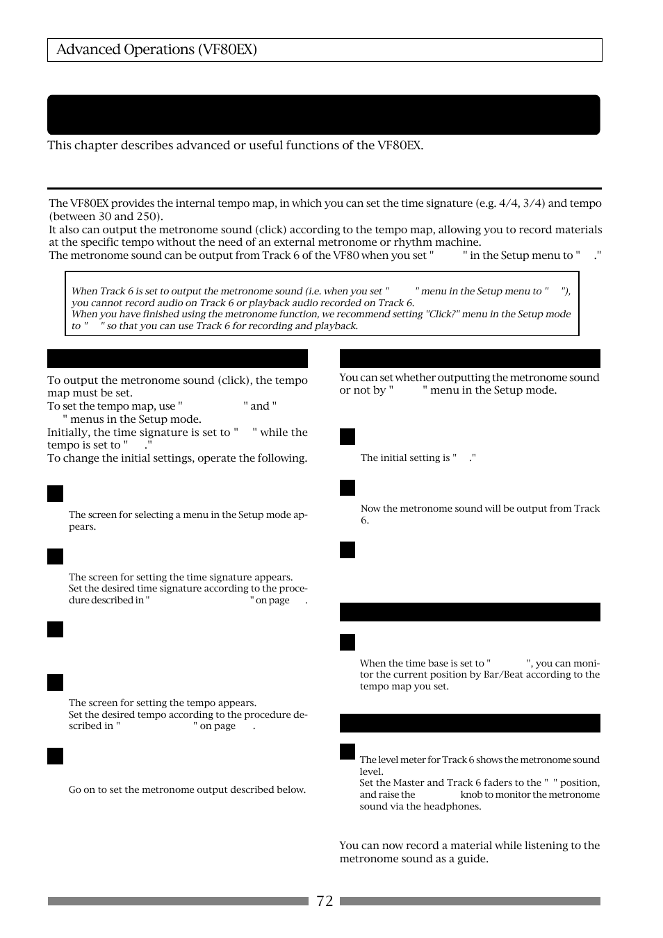 Advanced operations, Metronome function, 72 advanced operations (vf80ex) | Setting the tempo map, Setting the metronome output, Setting the time base to bar/beat, Monitoring the metronome sound | Fostex VF80EX User Manual | Page 72 / 152