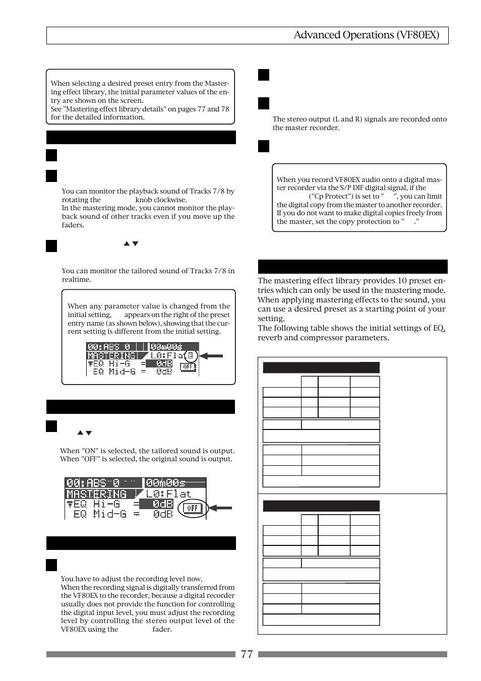 77 advanced operations (vf80ex), Setting the mastering effect parameters, On/off of the mastering effects | Recording onto the master recorder, Mastering effect library details | Fostex VF80EX User Manual | Page 77 / 152