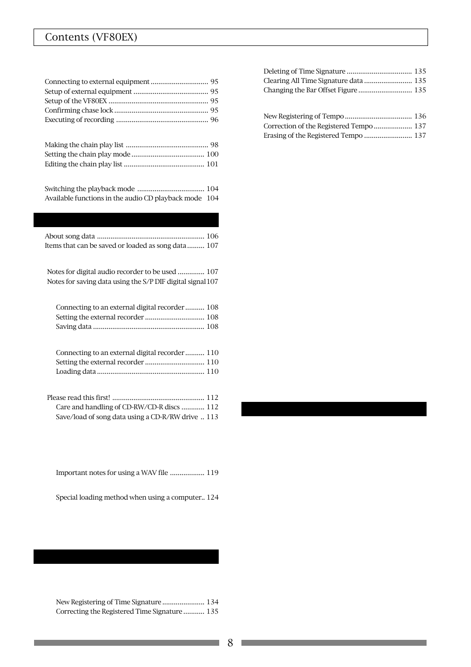 8contents (vf80ex), Save/load of song data, Setup mode | Others | Fostex VF80EX User Manual | Page 8 / 152
