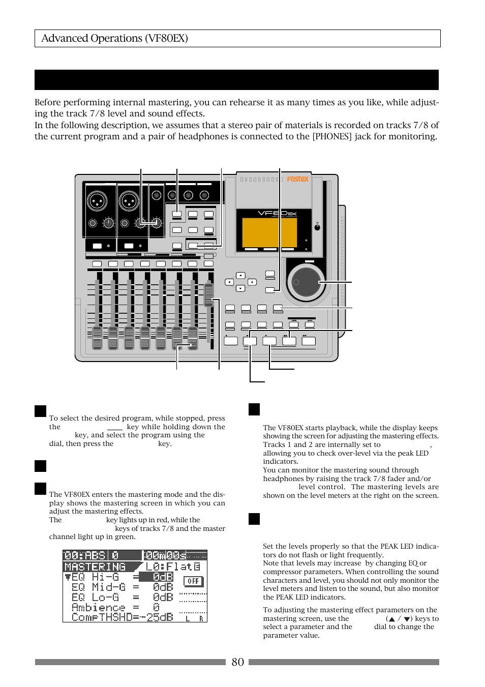 Rehearsing internal mastering, 80 advanced operations (vf80ex), Select the desired program for mastering | Fostex VF80EX User Manual | Page 80 / 152
