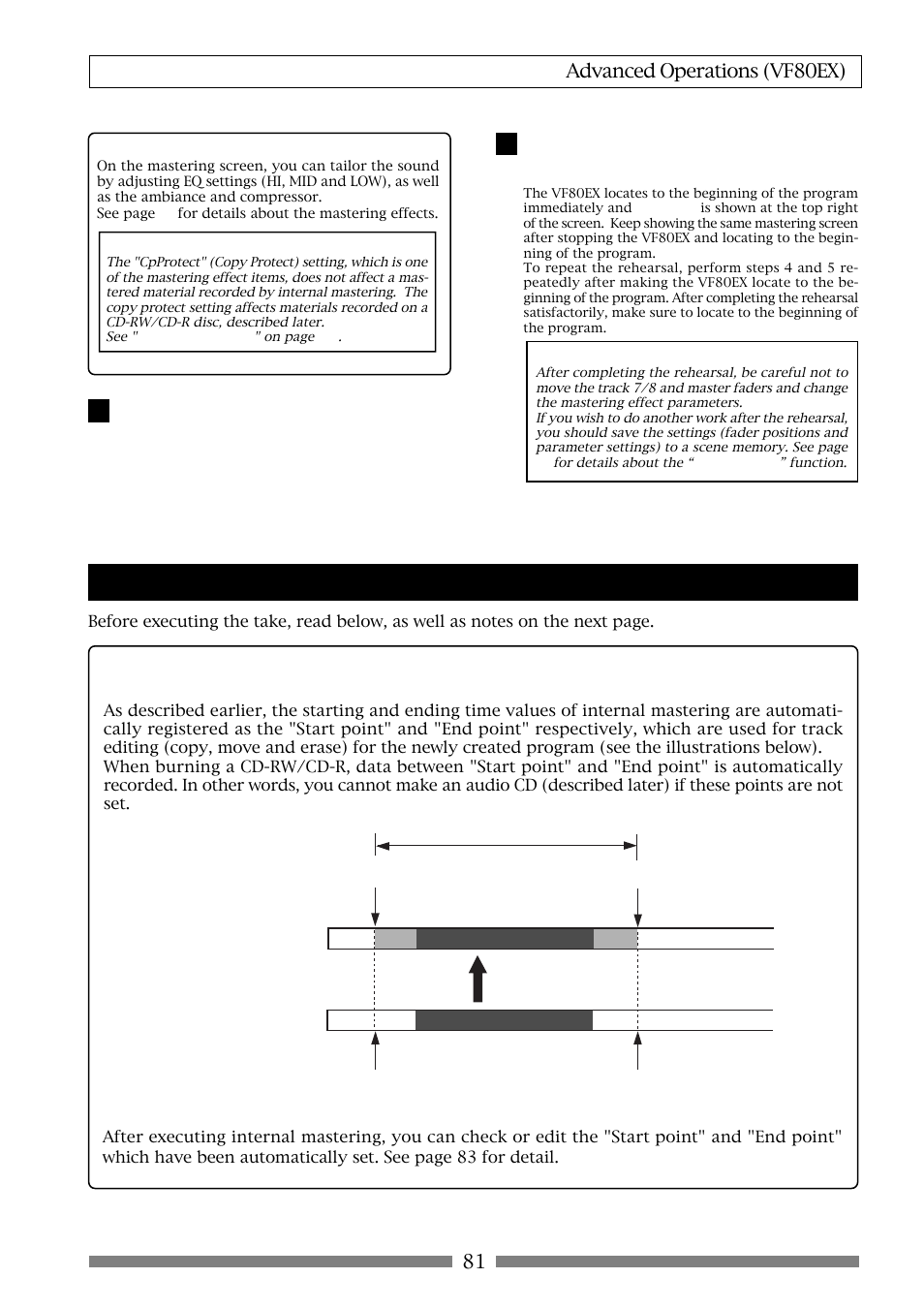 About start and end points, Performing internal mastering, 81 advanced operations (vf80ex) | Fostex VF80EX User Manual | Page 81 / 152