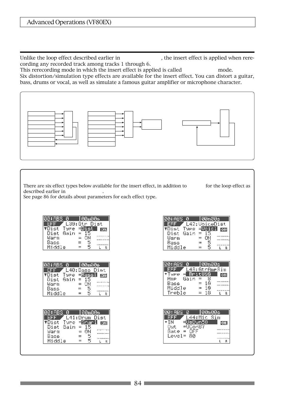 Using the insert effect, 84 advanced operations (vf80ex), Effect types available for the insert effect | Fostex VF80EX User Manual | Page 84 / 152